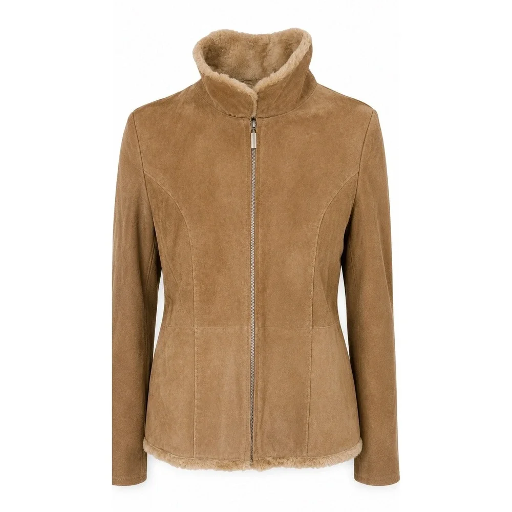 Womens Medium Genuine Leather Suede Jacket Y2K Shearling Penny Lane Funnel Neck